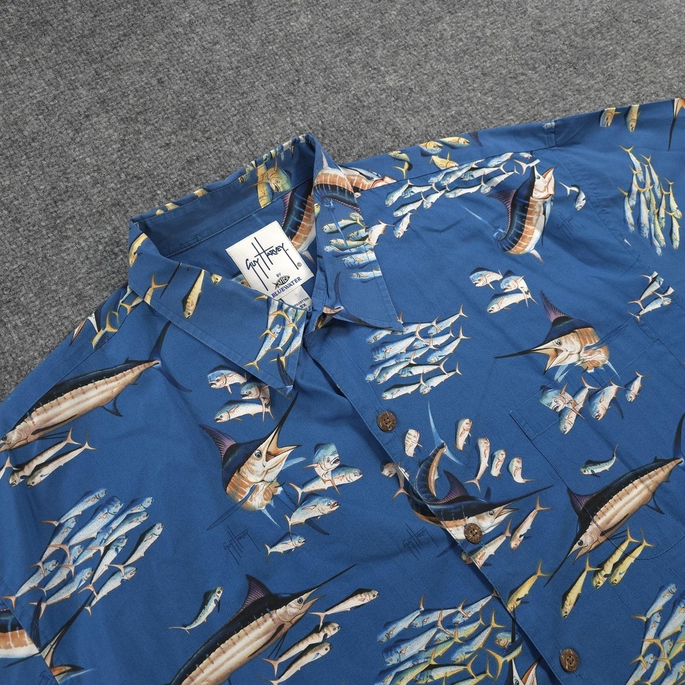 Guy Harvey Shirt Mens 2XL Blue Fish Marlin Hawaiian Aloha Beach Aftco Bluewater